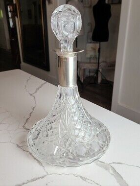 Vintage Cut Glass Ship's Captain Decanter with Silver Collar & Faceted Stopper